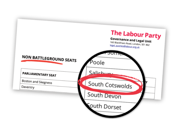 A document from Labour Party HQ showing 'non battleground seats'. South Cotswolds is on the list.