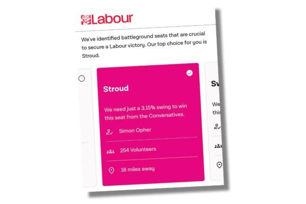 Screenshot of the Labour Party website instructing people to campaign in Stroud.